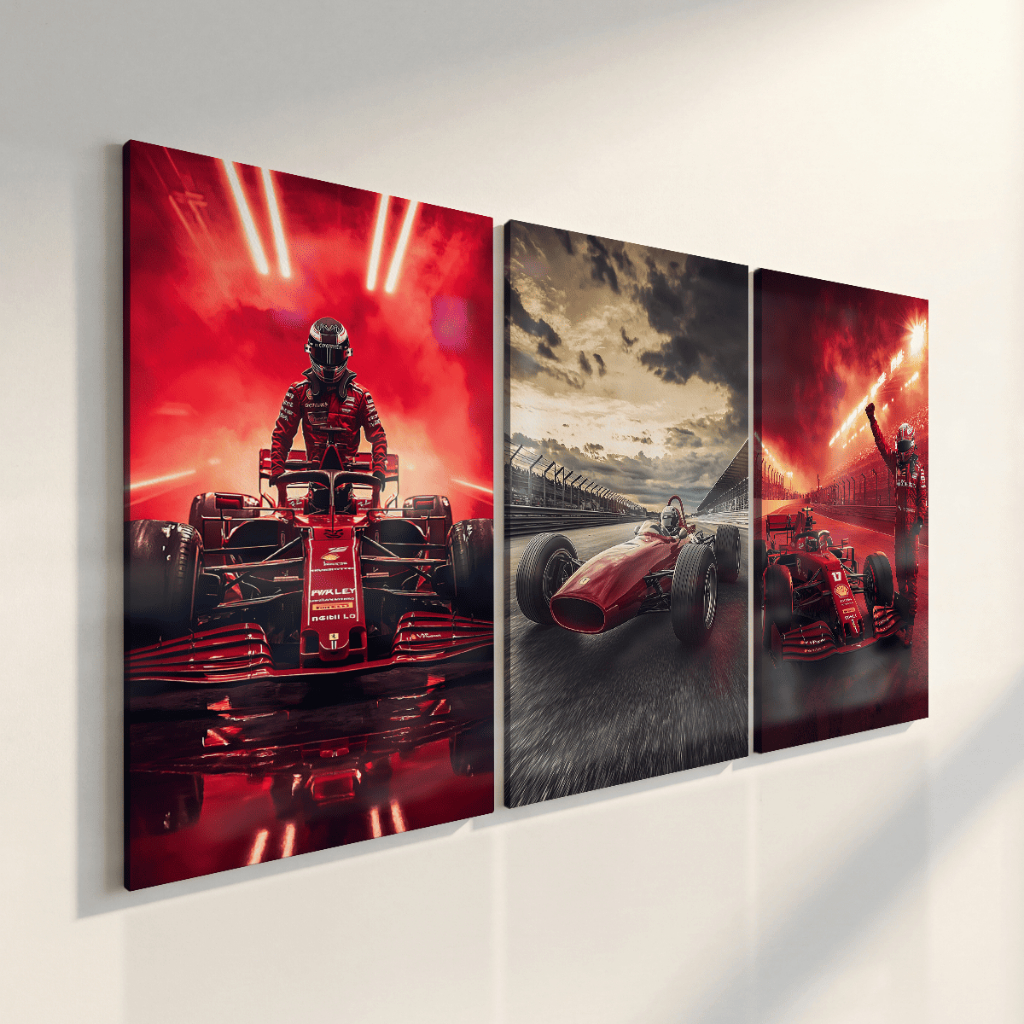 Quadros Decorativos Piloto Fórmula 1 Vermelho Vitória Pista Corrida Esporte Kit 3 Peças