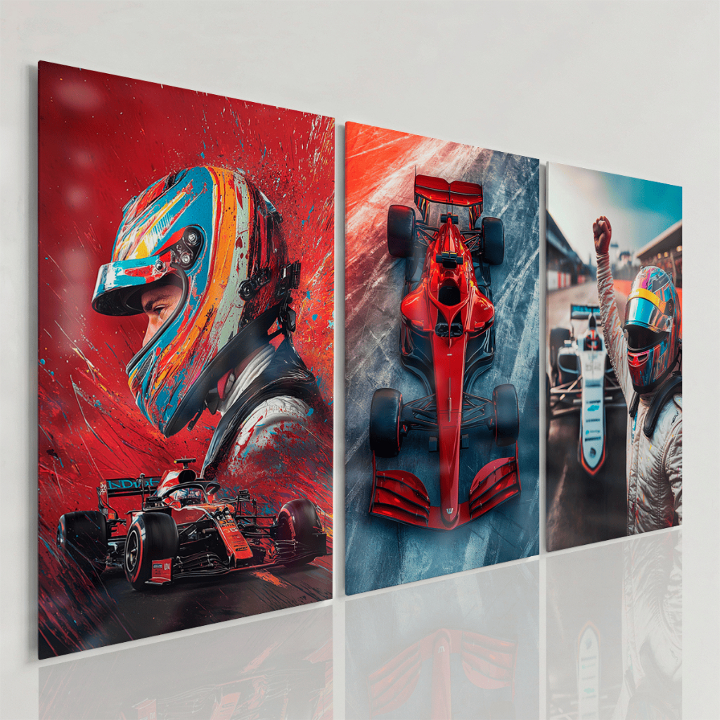 Quadros Decorativos Fórmula 1 Piloto Corrida Carro F1 Esporte Velocidade Kit 3 Peças Sala Moderna Luxo