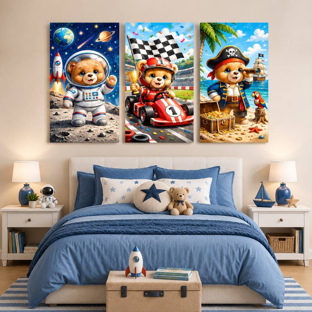 Quadros Decorativos Infantil Quarto Urso astronauta, um piloto de corrida e um pirata