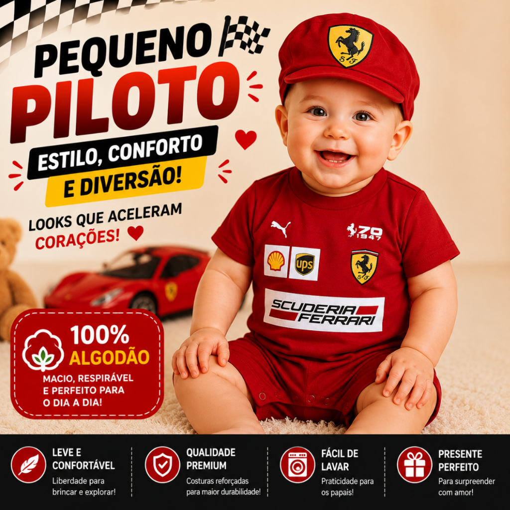 Macacão De Bebê com Boina Tematicos Corrida PIloto