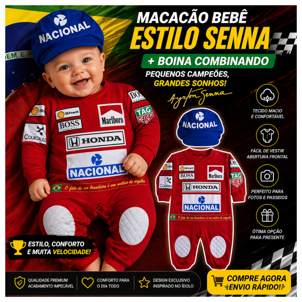 Macacão De Bebê  + Boina Corrida Piloto Fdormula 1