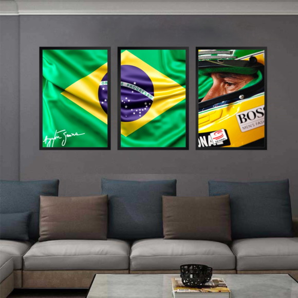 Quadros Decorativo 3 peças 20x30 Mosaico Mdf Alta Resolução Full HD Ayrton Senna Piloto Corrida