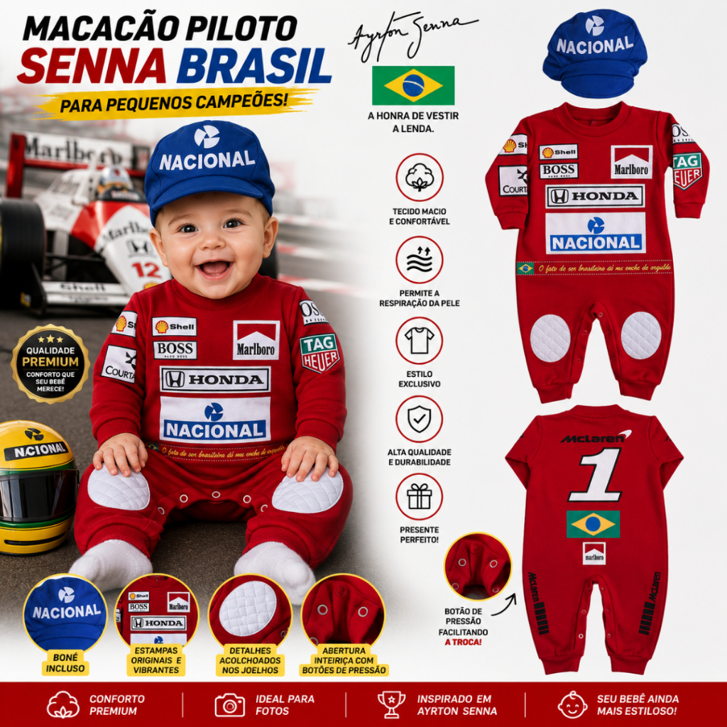 Macacão De Roupa de Bebê Fantasia Fórmula 1 Corrida Piloto + Boina