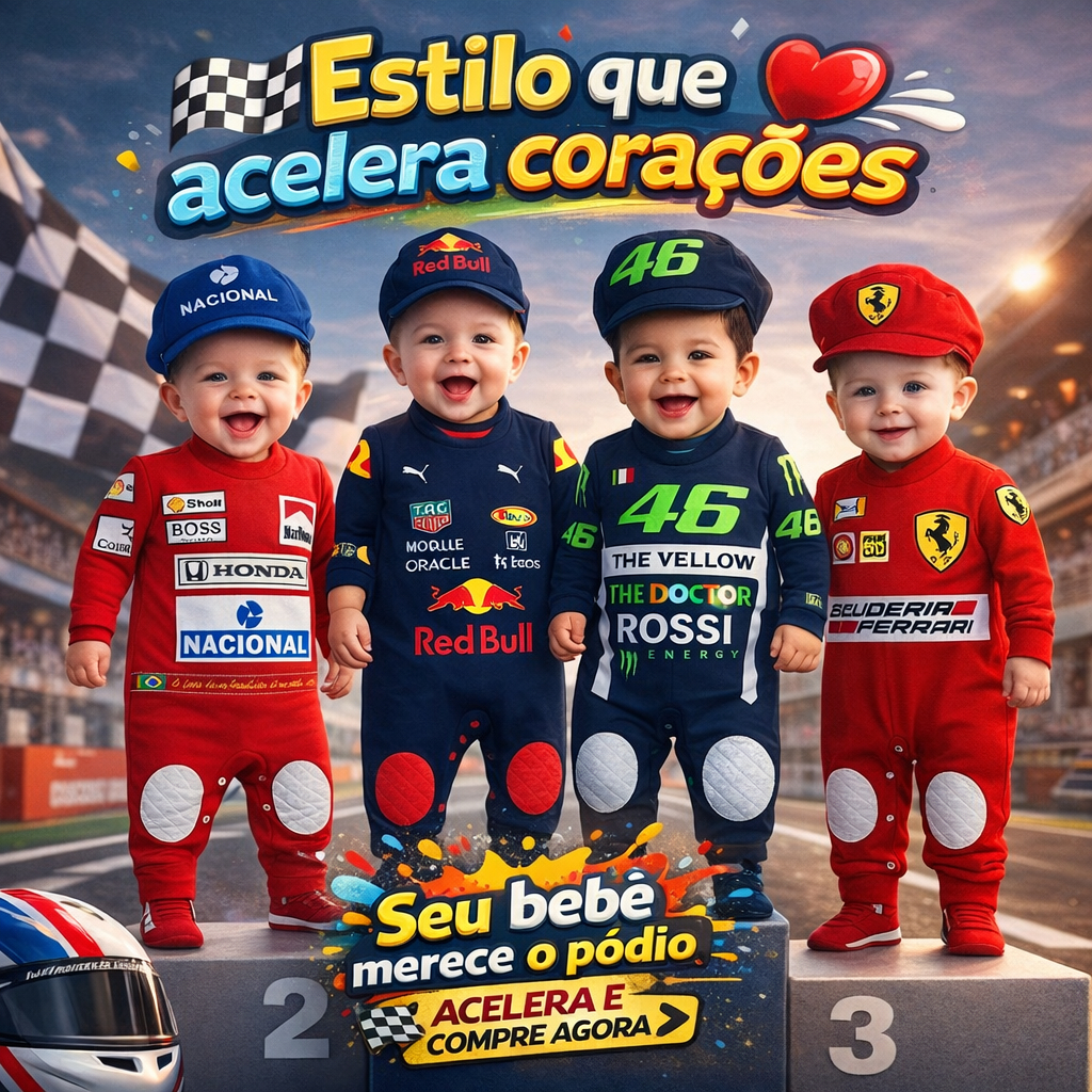 Macacão de Bebê Piloto Corrida Formula 1 Mesversario Menino Menina