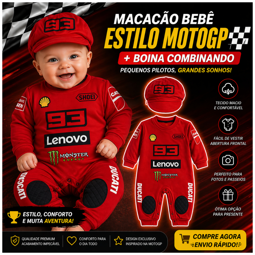 Macacão De Bebê + Boina MotoGp Corrida  Piloto MARC MARQUEZ 93
