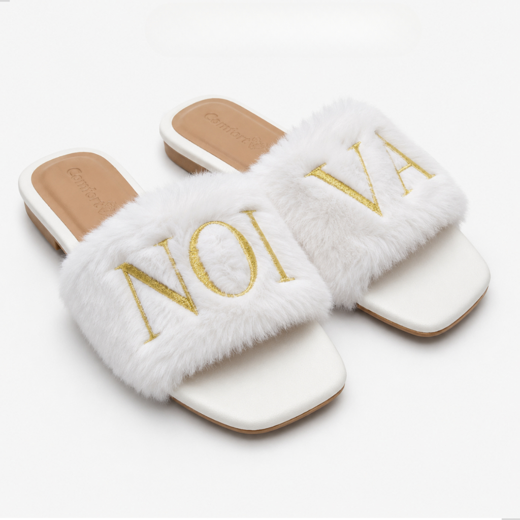 Rasteirinha Pantufa Noiva Premium Pelúcia Branca Bordado Luxo Confortável Casamento