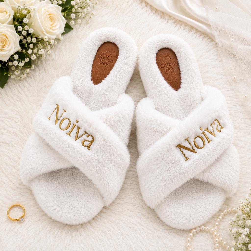 Pantufa Rasteirinha Trançada Noiva Branca Pelúcia Casamento Dia da Noiva Making Of Luxo