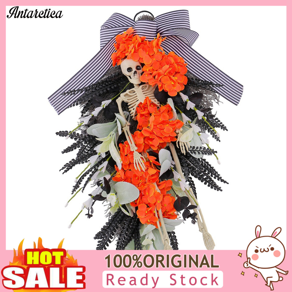 Skeleton Swag Decoration Halloween Wreath for Front Door – Spooky Skull Teardrop with Artificial Flowers Bow Party Hom