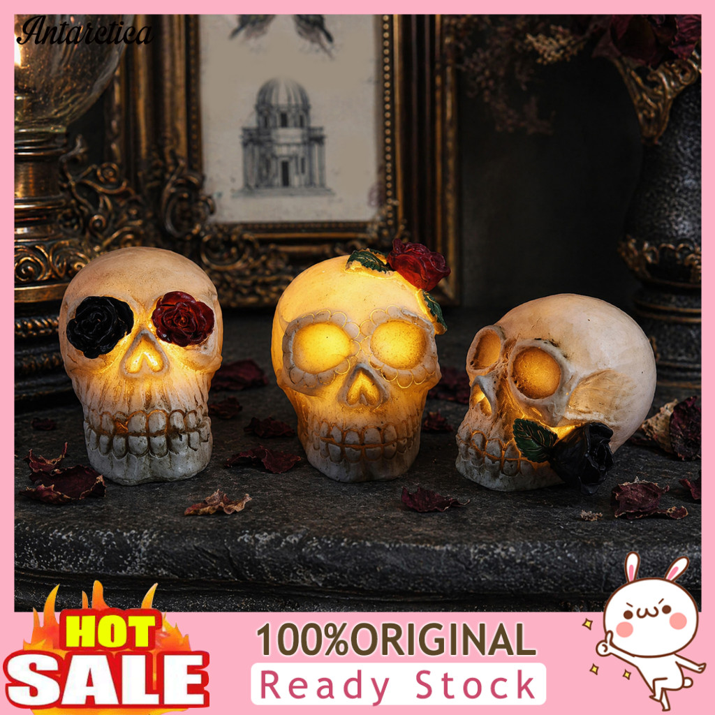 Skull Halloween Lamp Decoration with Rose Flower Day of the Dead Resin Figurine Spooky Skeleton Head Light for Home and
