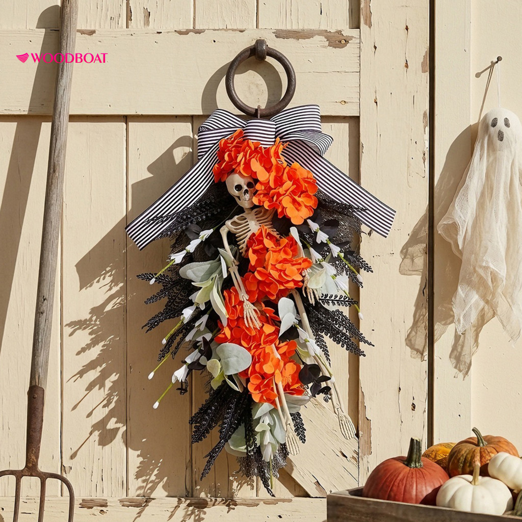 Street Light Halloween Decor Skeleton Wreath for Front Door Spooky Skull Teardrop Swag with Artificial Flowers and Bow P