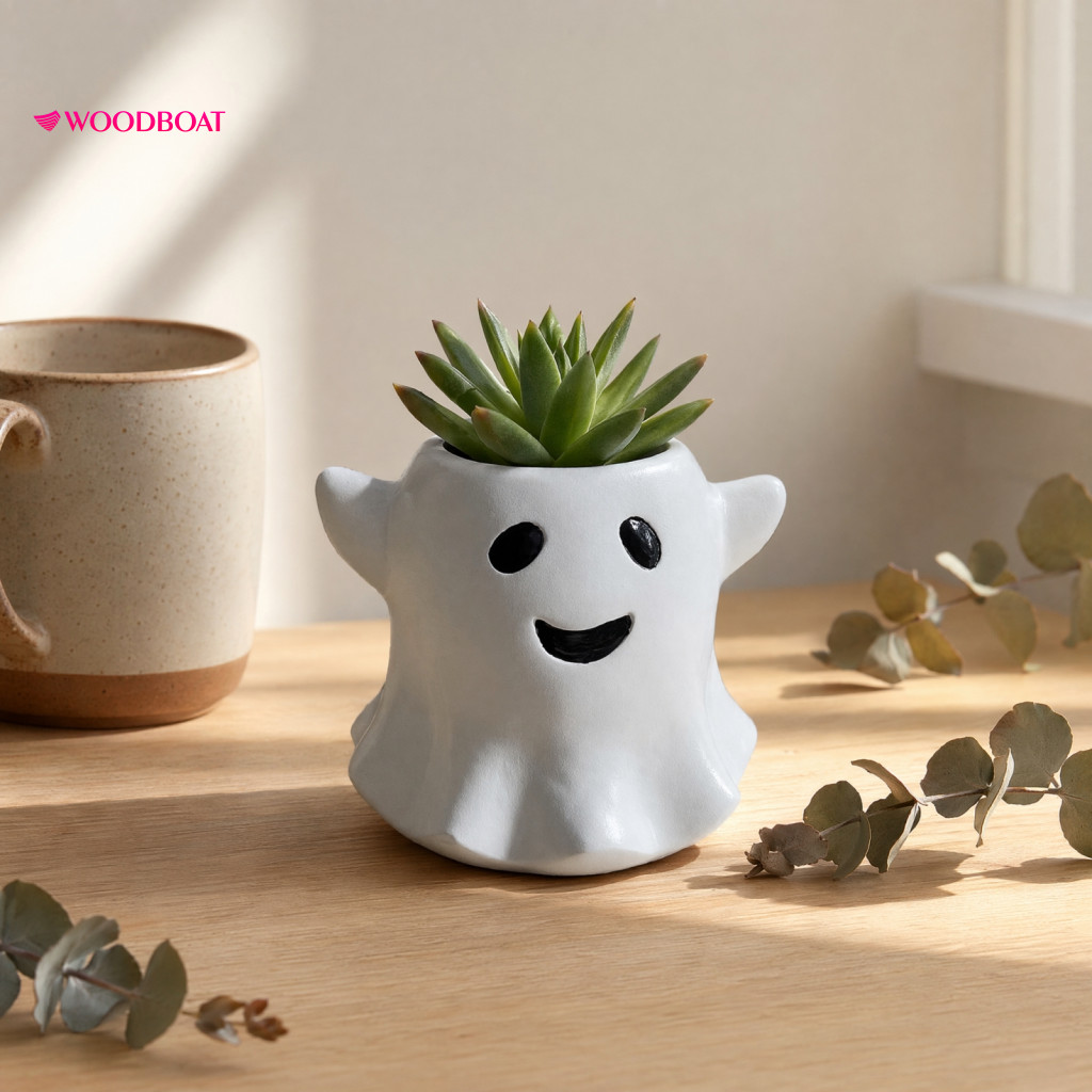 Halloween Flower Pot Planter Ghost Flowerpot Waterproof Resin Vase – Spooky Cute Desktop Ornament for Green Plants Per