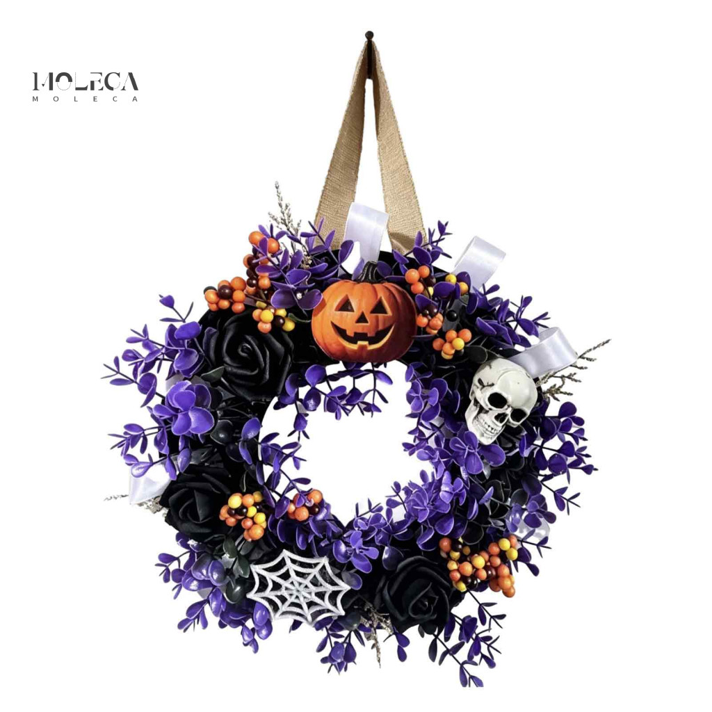 Fall Harvest Home Decor Halloween Wreath for Front Door Skull Pumpkin for Black Roses Purple Leaves Berries Spooky Porch