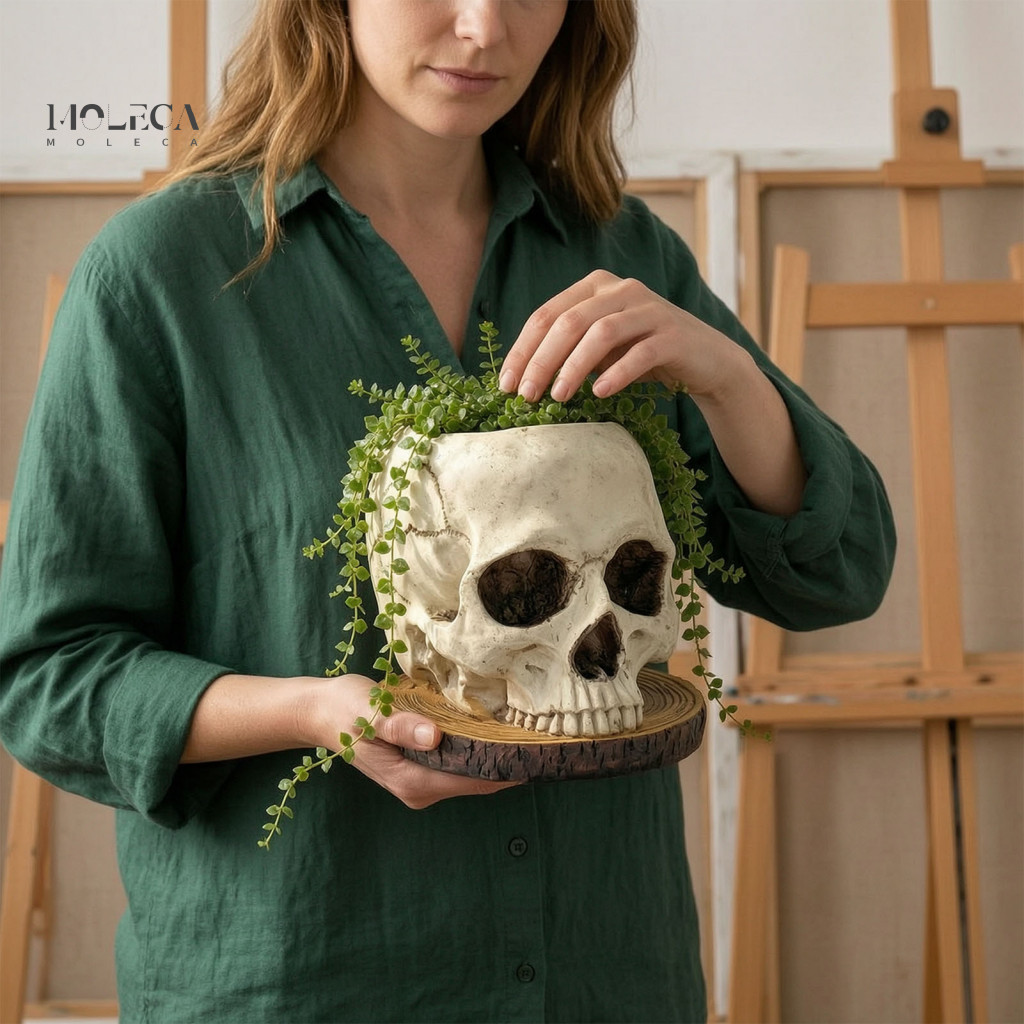 Skull Planter Pot Spooky Atmosphere Prop Halloween Retro Flower Skeleton Candy Bowl for Home Office Bar Tabletop Decorat