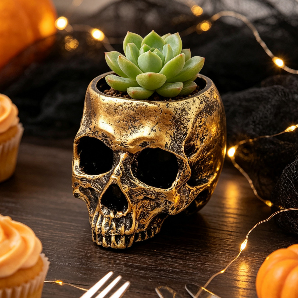 Skull Planter Resin Flower Pot Halloween Candy Bowl Gothic Decoration for Home Office Tabletop – Spooky Decor for Bar