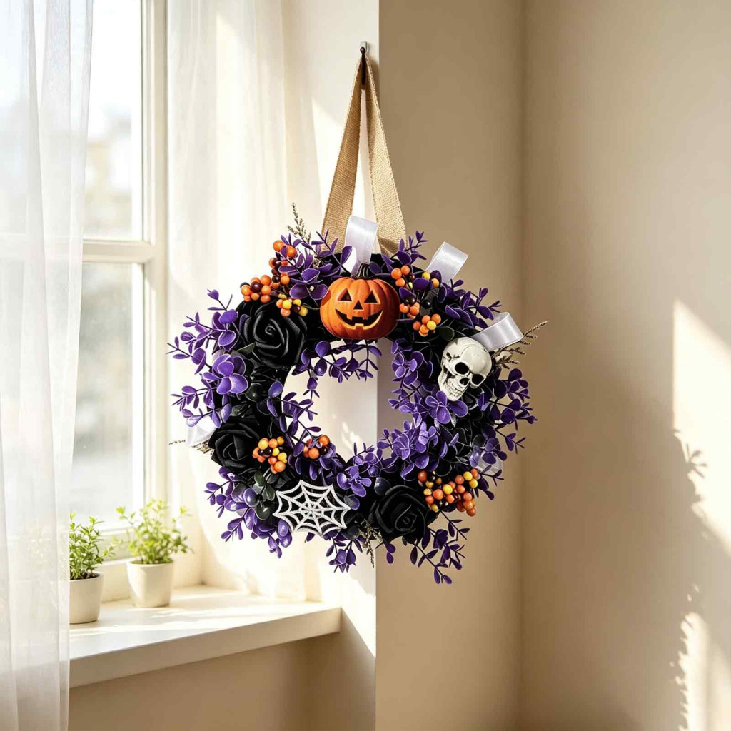 Halloween Skull Pumpkin Wreath for Front Door Black Roses Purple Leaves Berries Decor Spooky Porch Wall Hanging Perfect