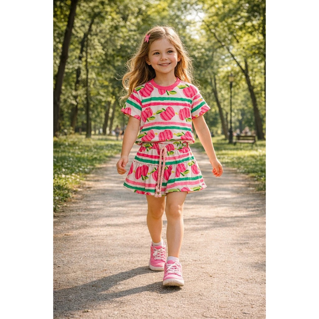 Conjunto Infantil Feminino Verão Feminino Encanto De Maça Camiseta + Short Saia Estampa Frutas Listras Para Meninas