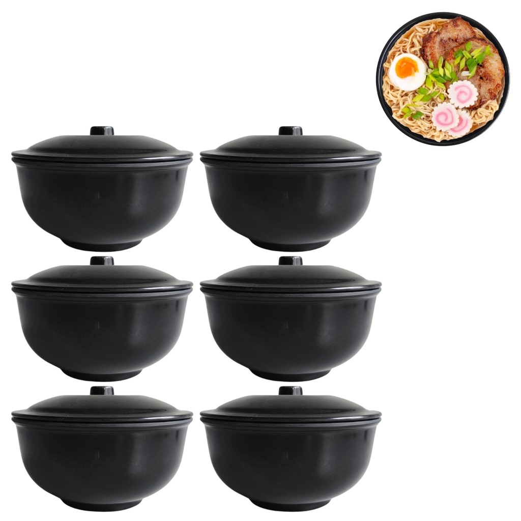 6 Tigelas Preta em Melamina 960ml Para Sopas Pote com Tampa