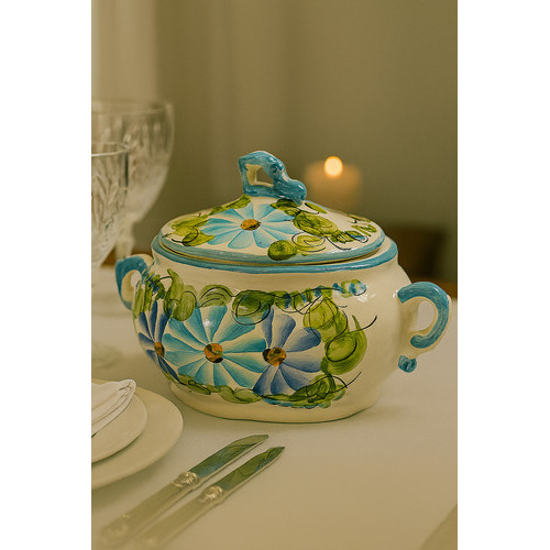 Sopeira Porcelana Grande Com Tampa Para Caldos Sopas Premium Azul-celeste