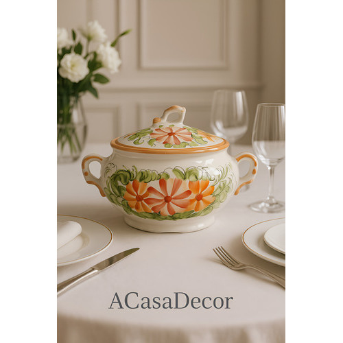 Sopeira Porcelana Grande Com Tampa Para Caldos Sopas Premium Laranja
