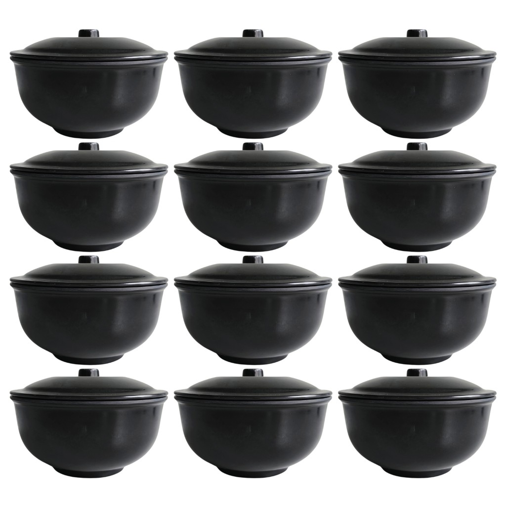 12 Tigelas Pote Para Sopa em Melamina Com Tampa Preta 960ml