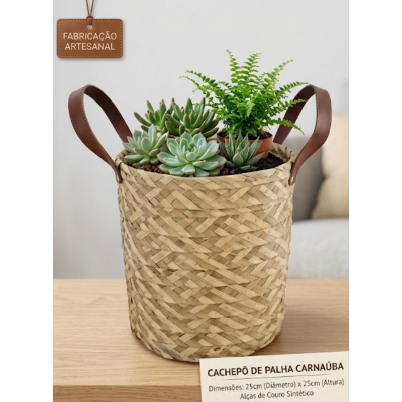 Cesto Cachipot Vaso de palha Artesanal 25x25cm com Alça de Couro Organizador Manta de Sofá Decoração Plantas Luxo