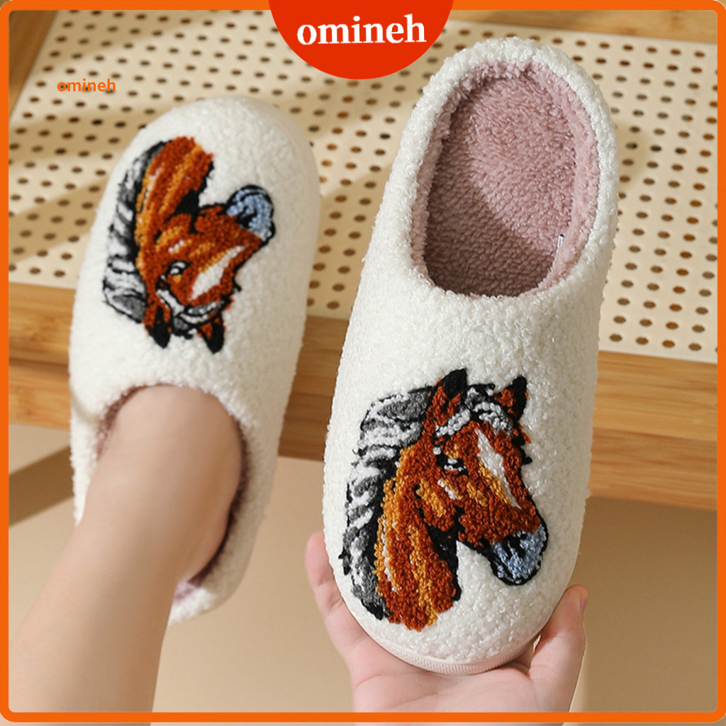 Warm Indoor Slippers Fuzzy Horse Head Plush Winter for Women Men – Non-slip Fluffy Outdoor Home Shoes Comfortable Cozy