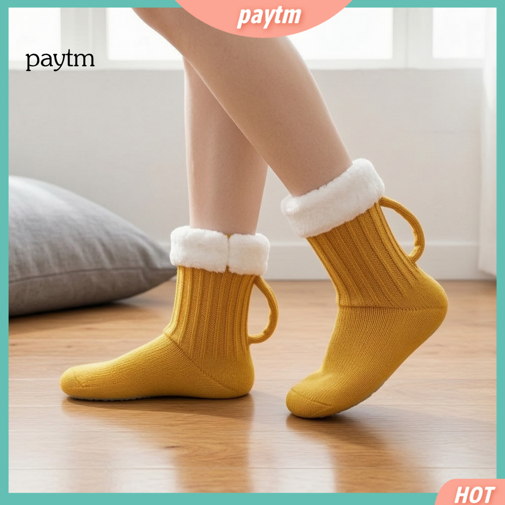 Thickened Plush Lined Socks Wear-resistant House Shoes with Handles Women’s Knitted Slipper Mid-length Thermal Winter