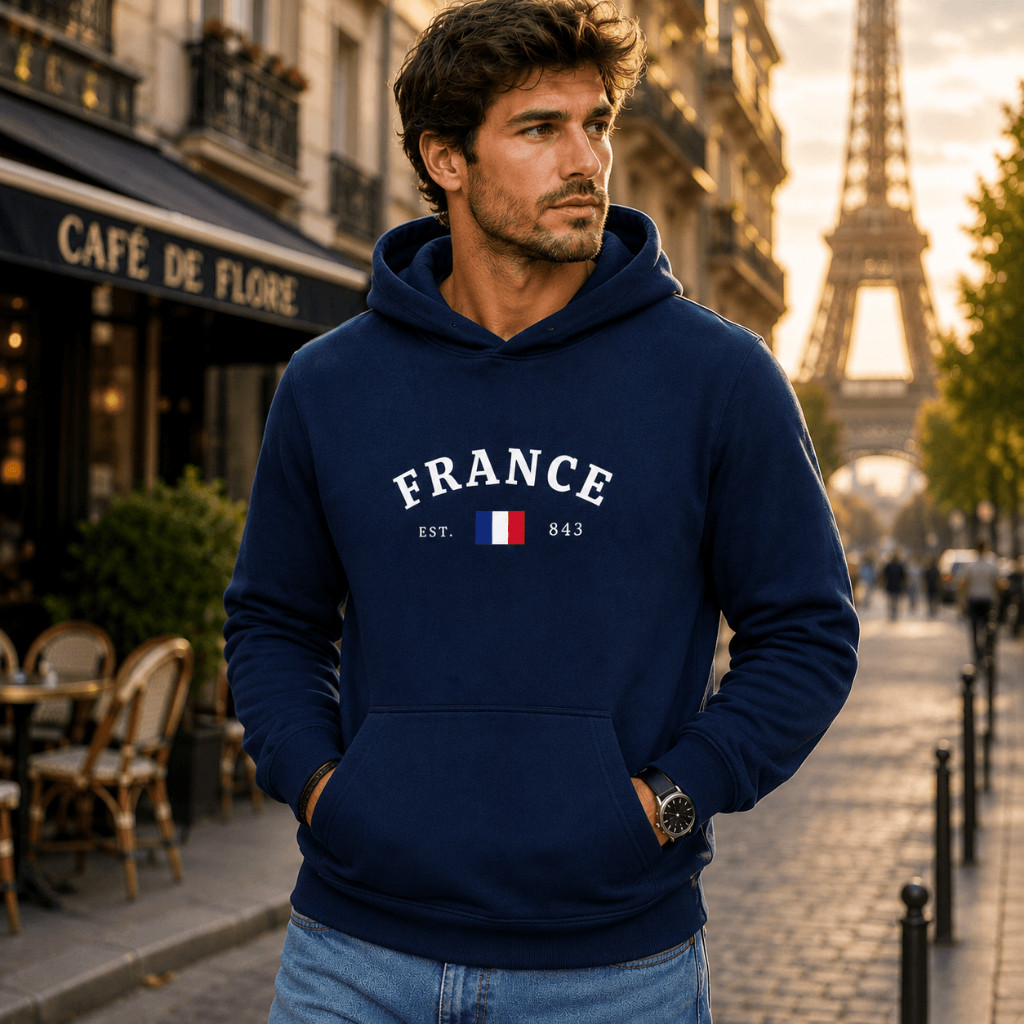 Blusão de Moletom France Collection | Azul Marinho com Capuz e Bolso Canguru | Estilo Francês Premium | Unissex | França