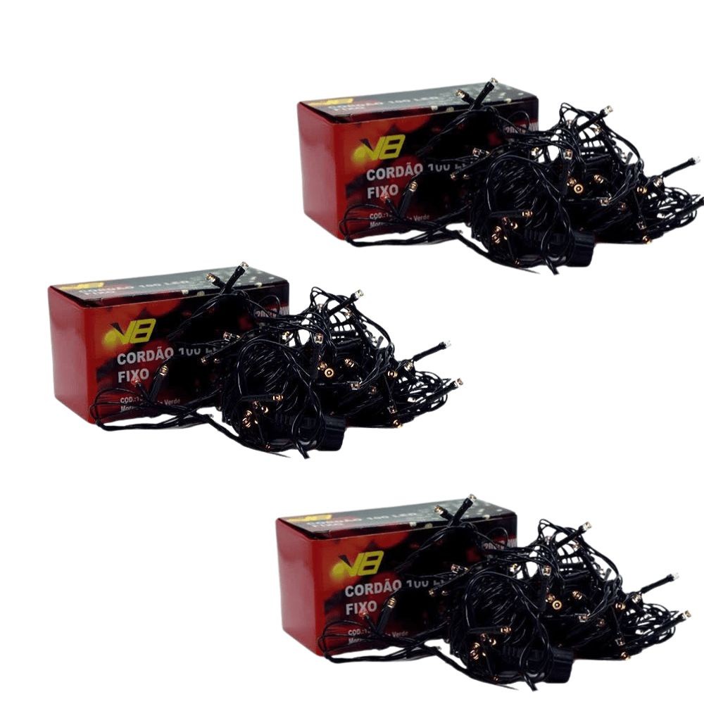 Kit 3 Cordão 300 Leds Fixo 30m Branco Frio Fio Verde Bivolt