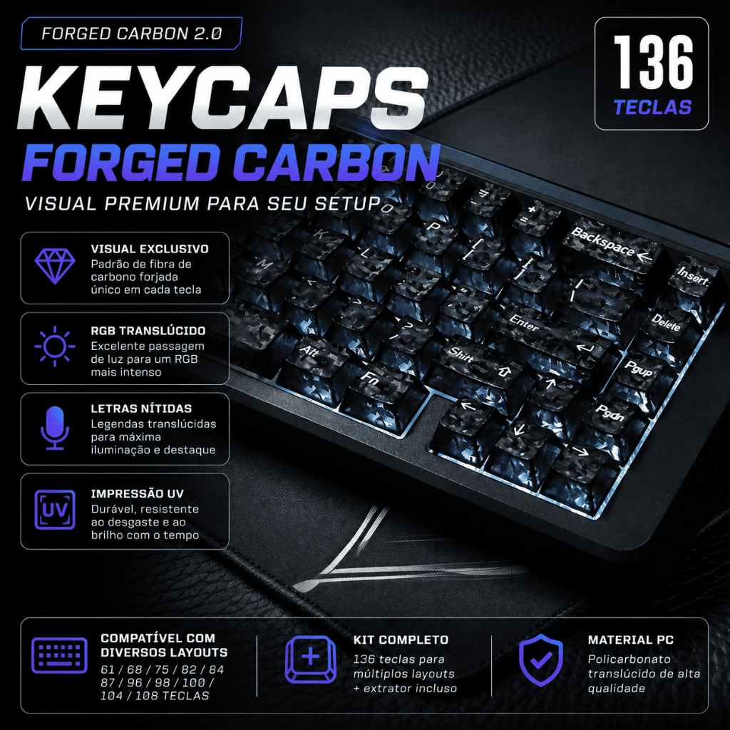 Keycaps Fibra de Carbono Fiber 2.0 136 Teclas PC Translúcidas RGB Compatível Wooting EV63 MX