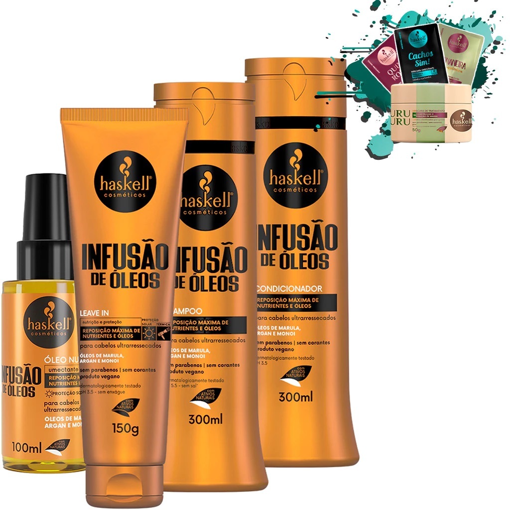 Shampoo e Condicionador 300ml + Leave in150gr + Óleo finalizador 100ml Infusão de Óleos Haskell