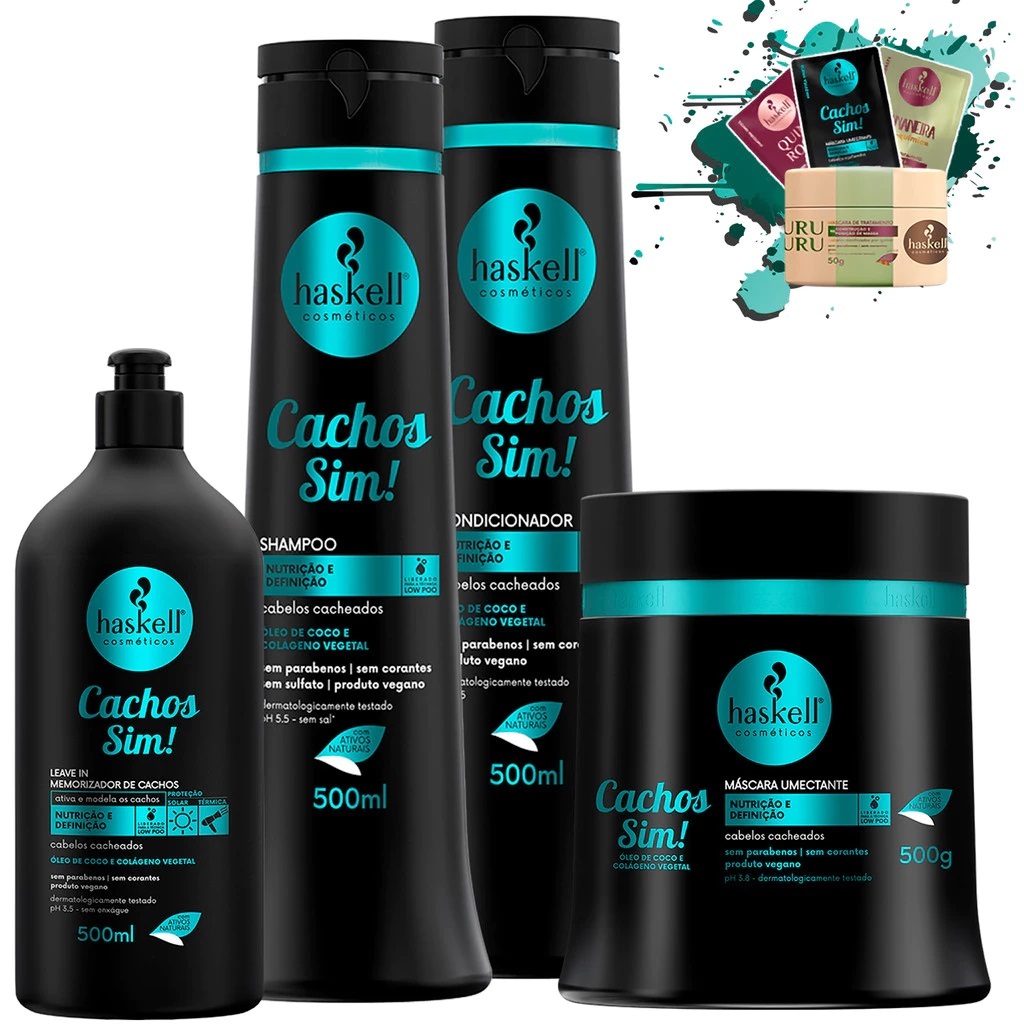 Kit Shampoo Condicionador e Máscara 500ml/gr + Leave in 500ml Cachos Sim 500gr Haskell