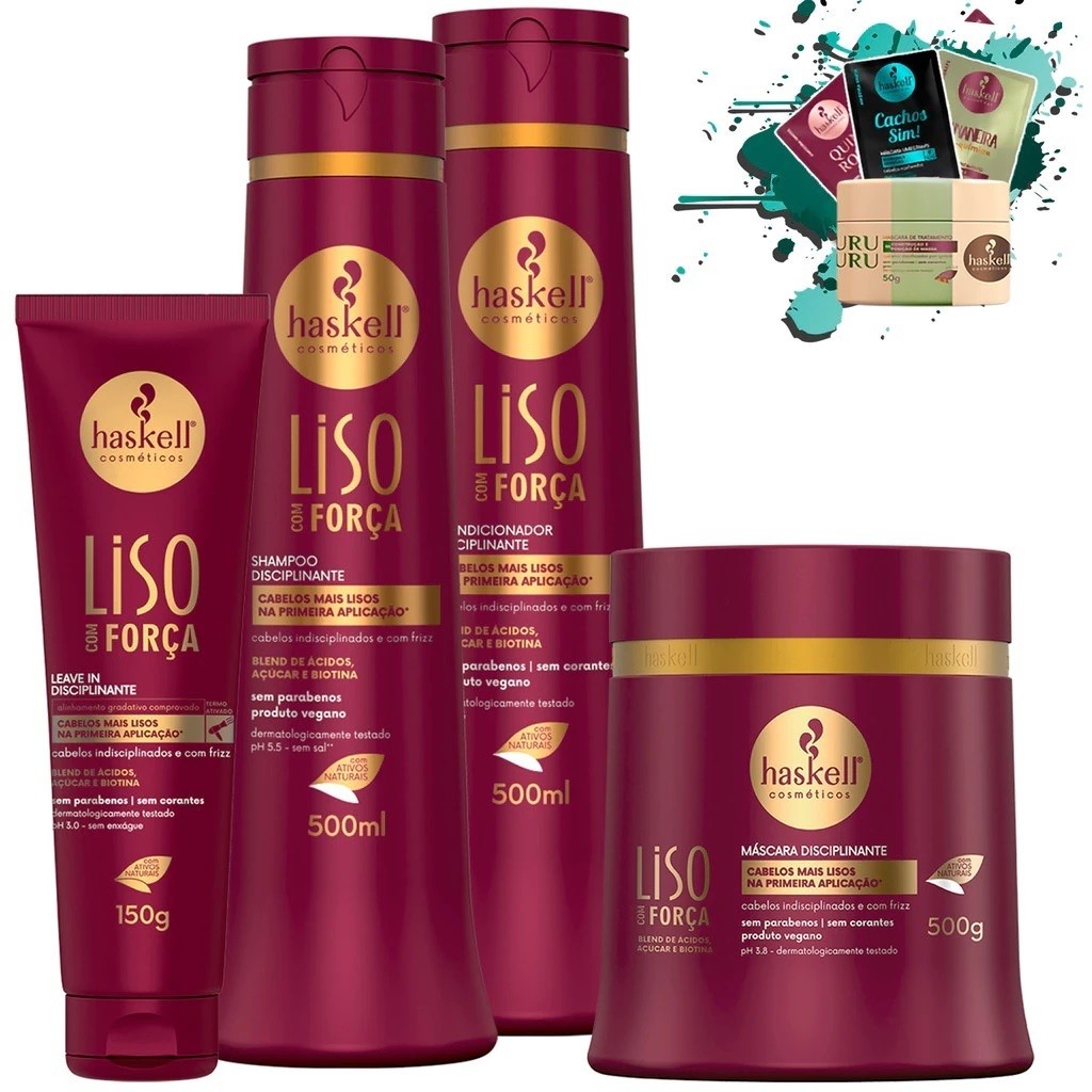 Shampoo Condicionador Máscara 500ml/gr e Leave in 150gr Liso com Força Haskell