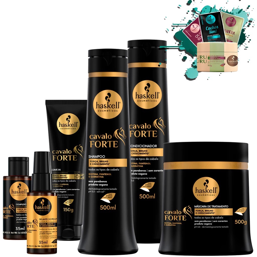 Shampoo Condicionador e Máscara 500ml/gr + leave in 150gr + Selante + Complexo Cavalo Forte Haskell