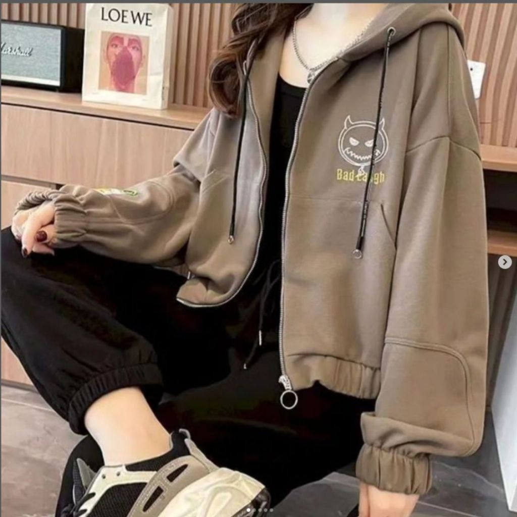 Ad LAUGH ZIPPER Sweater Hoodie Girls Estilo Coreano