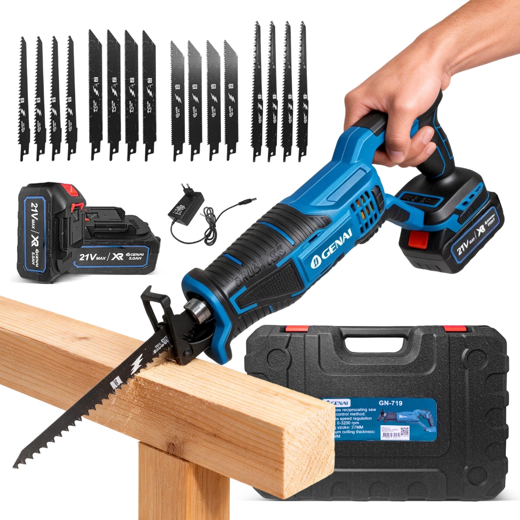 21V Cordless Reciprocating Saw - Brushless Motor, 2 Batteries, Wood/Metal/PVC Cutting, Complete Kit with Blades