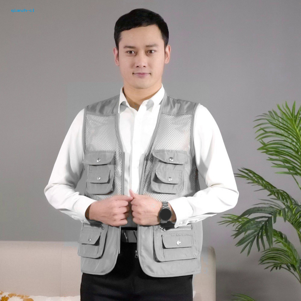 Solid Color Men Vest Women Breathable Waistcoat Men's Outdoor Fishing with 10 Pockets Mesh Sleeveless Zipper Closure V N
