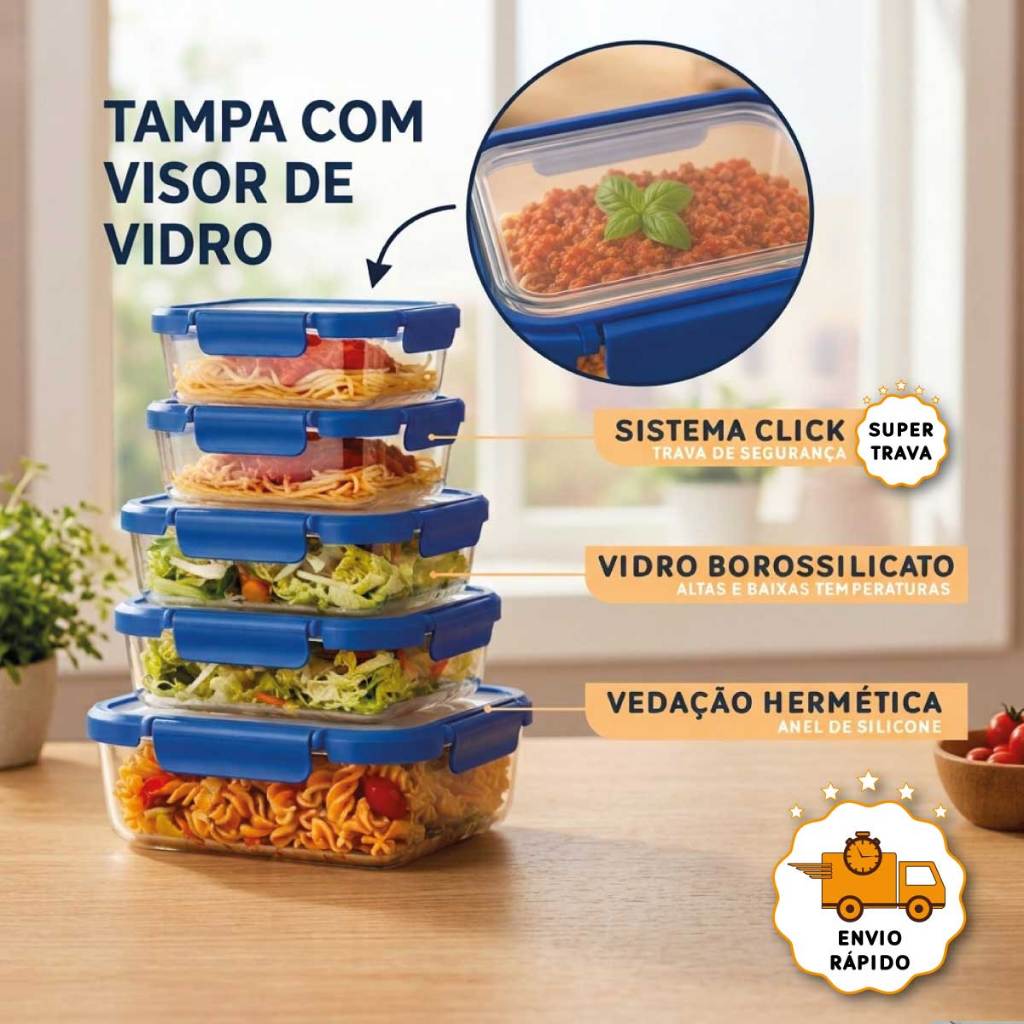 Kit Conjunto 05 Potes Herméticos De Geladeira Vidro Borossilicato Marmita Tampa com Visor Vidro
