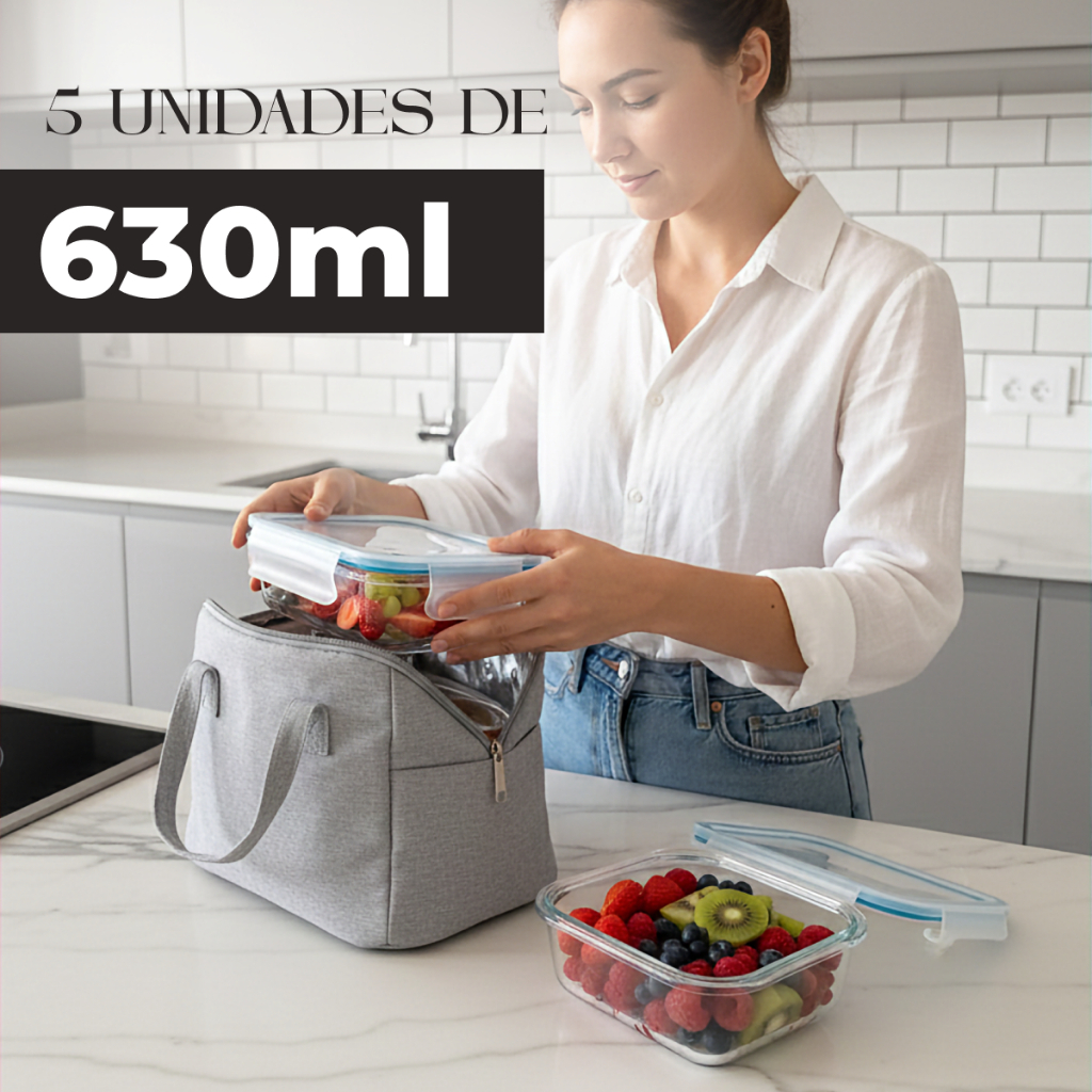 Kit 5 Potes de Vidro 630ml Borossilicato Hermético com Trava e Vedação de Silicone Seguro e sem BPA