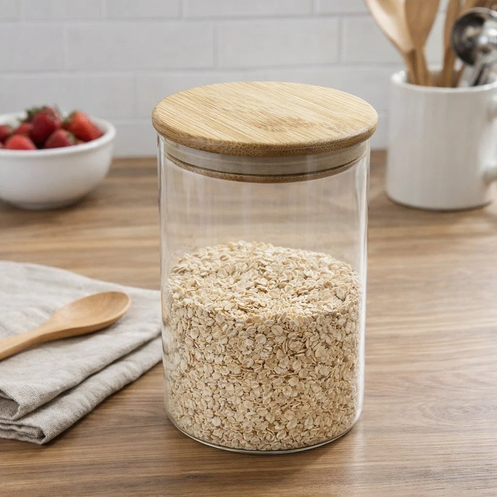 Pote de Borossilicato com Tampa de Bambu 550 ml Temperos, Café, Açúcar Pote Minimalista