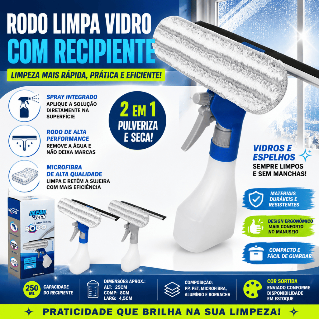 Mop Limpa Vidro Profissional Rodo Com Spray Recipiente Casa