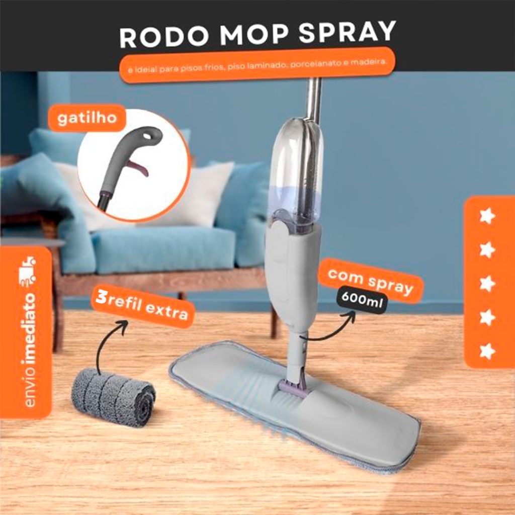 Mop Spray com 3 Refil Extra | Rodo Mágico 600ml com Gatilho e Base 360° Cinza