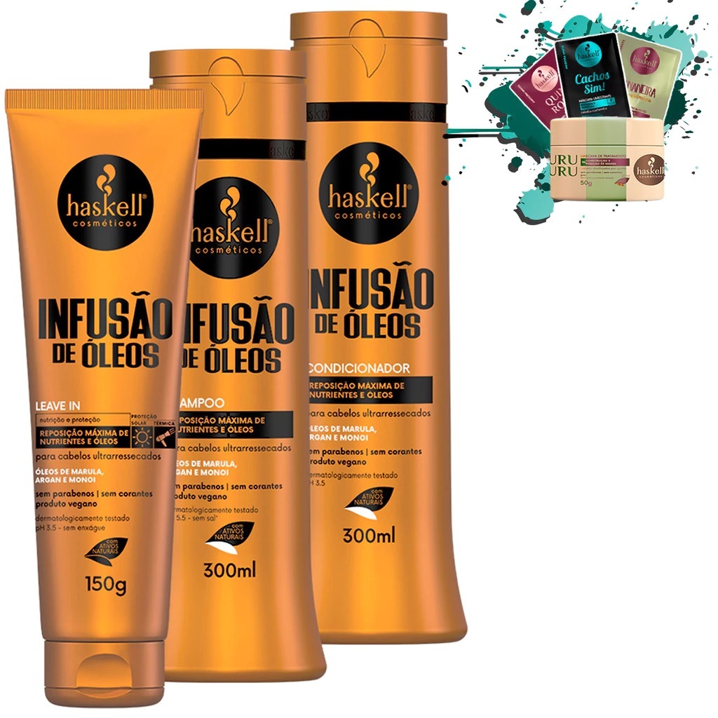 Shampoo e Condicionador 300ml + Leave 150gr Infusão de Óleos  Haskell