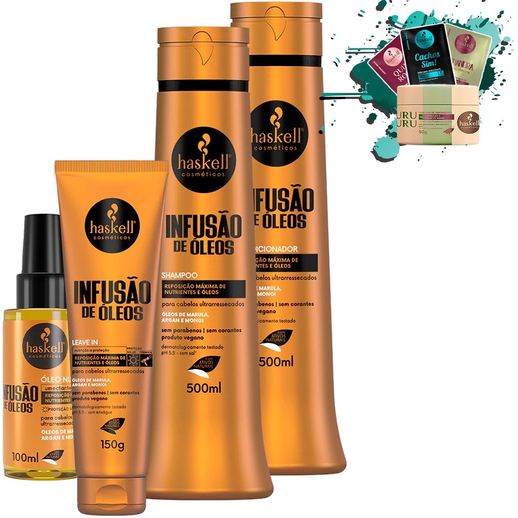 Shampoo Condicionador 500ml + Leave in 150gr + Óleo Filnanizador 100ml Infusão de Óleos Haskell