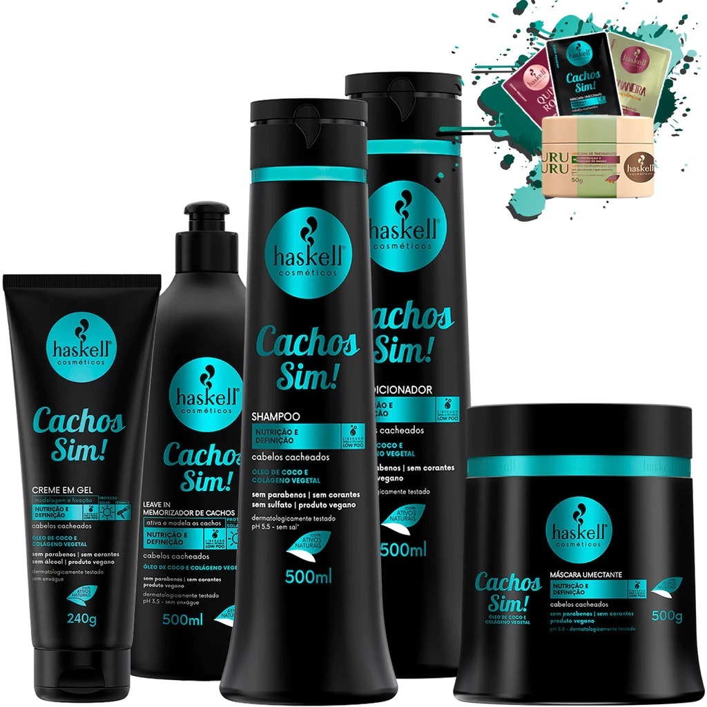 Kit Shampoo Condicionador e Máscara 500ml/gr + leave in 500gr + Creme em Gel 150g Cachos Sim Haskell