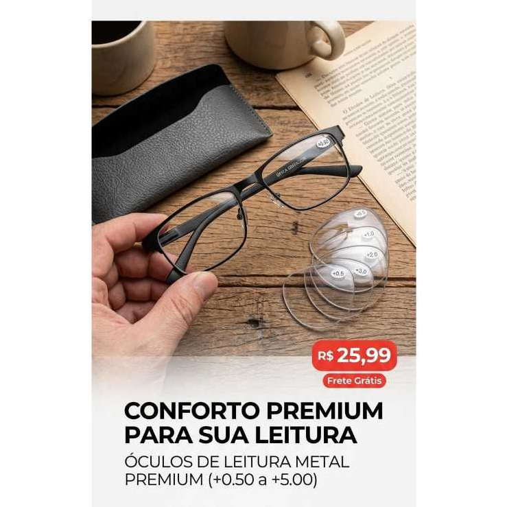 Óculos de Grau para Leitura Metal Premium +0,50 a +5,00 Unissex Alta Qualidade
