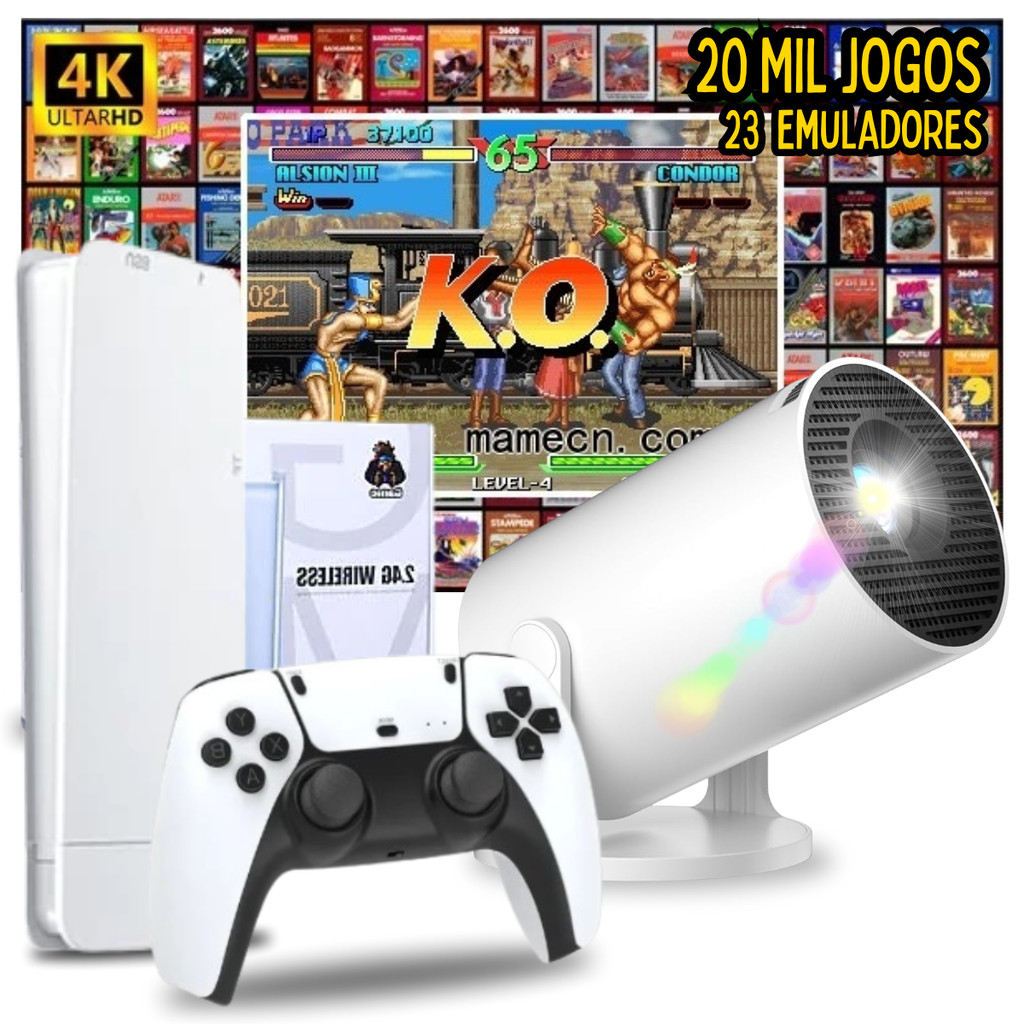 Kit Gamestick Jogos Retro + Projetor Portátil Hy300 4k Mais de 19Mil Jogos Com 23 Emuladores
