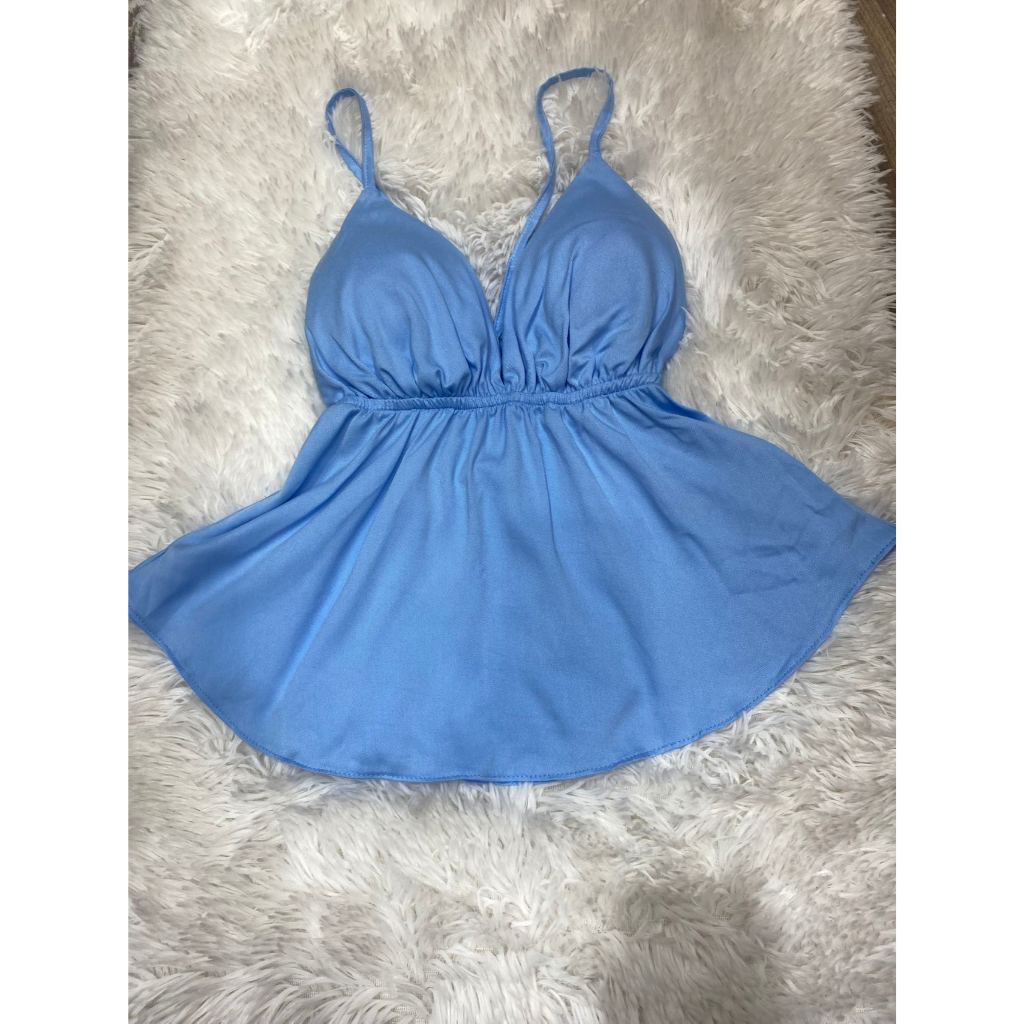 Blusa Feminina Alça Fina Decote V Cintura Elástica Modelo Flare Babado Solto Casual Com bojo