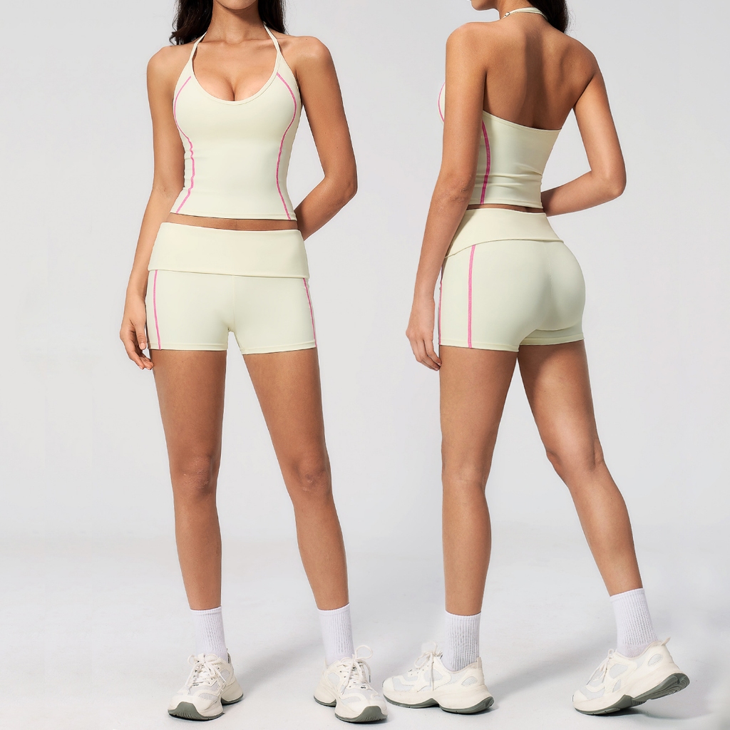 Moda Yoga Wear terno, Halter pescoço com decote em V, cintura virada, ajuste fino mais magro olhar contraste cor terno e