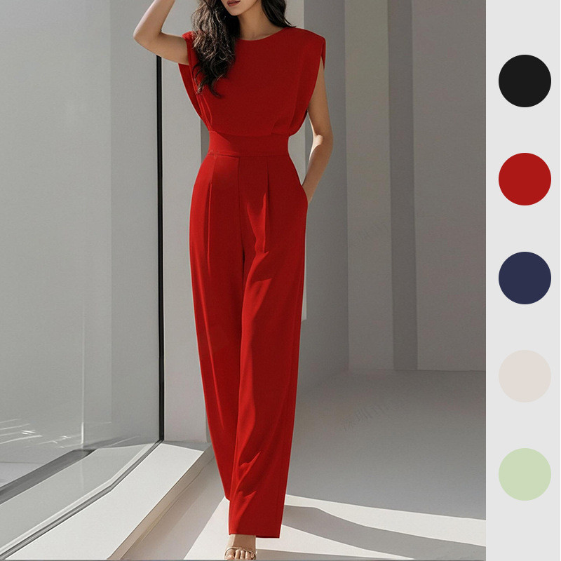 2026 verão feminino novo estilo elegante Commuter cor sólida fino ajuste cintura estreita com decote em v macacão de per